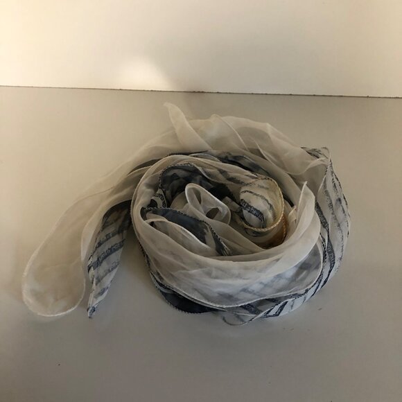 Dual White Sheer Lightweight Scarf with Blue Beige Abstract Pattern 10x92 inch - Picture 6 of 6